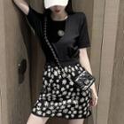 Set: Short-sleeve T-shirt + Floral Print Mini A-line Skirt