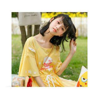 Lace Trim Drawstring Elbow-sleeve Dress