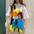 Short-sleeve Face Print Collared T-shirt