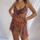 Halter-neck V-neck Lace-panel Floral Print Mini Dress