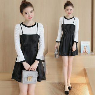Set: Contrast Trim Bell-sleeve Top + Pinstriped Strappy Dress