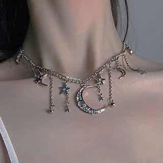 Alloy Rhinestone Moon & Star Choker