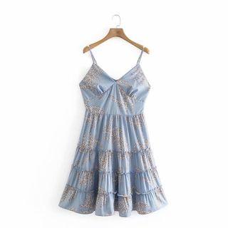 Spaghetti-strap Leaf Print Tiered Mini A-line Dress