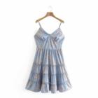 Spaghetti-strap Leaf Print Tiered Mini A-line Dress