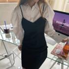 Set: Puff-sleeve Blouse + Spaghetti-strap Minidress Black - One Size