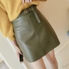 High Waist Faux Leather Mini Skirt With Belt