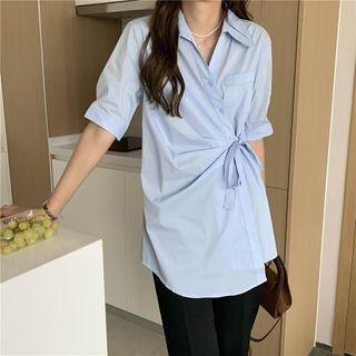 Elbow-sleeve Tie-waist Mini Shirtdress