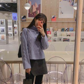 Turtleneck Cable-knit Sweater Sky Blue - One Size