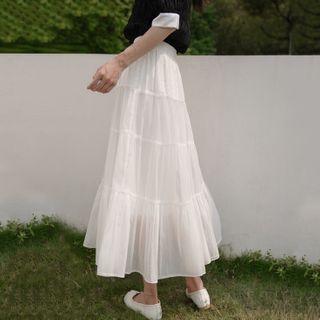 Tiered Overlay A-line Midi Skirt