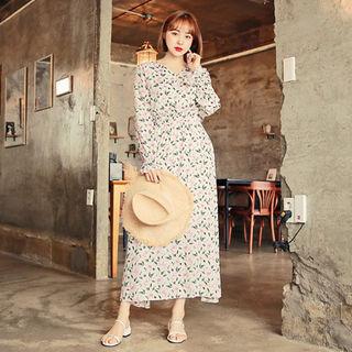 Half-placket Floral Print Long Dress