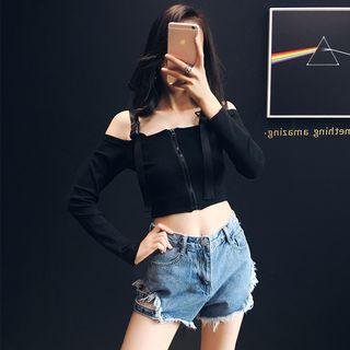 Off-shoulder Zipper Crop Top