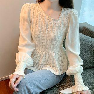 Puff-sleeve Paneled Lace Blouse
