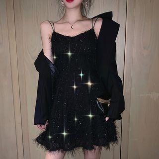 Spaghetti-strap Fringe Mini Dress Black - One Size