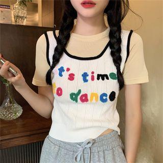 Mock Two-piece Lettering Short-sleeve Knit Top