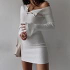 Off-shoulder Long-sleeve Slim-fit Dress - 3 Colors