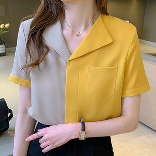 Short-sleeve Open-collar Two-tone Chiffon Blouse