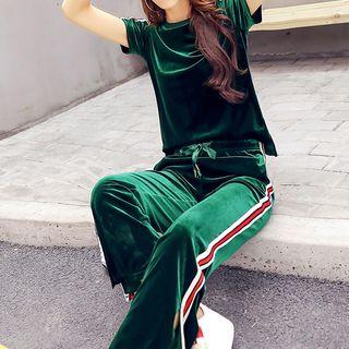 Set: Contrast Trim Velvet Short-sleeve T-shirt + Wide Leg Pants