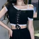 Short-sleeve Lace Trim Lace-up Cropped T-shirt Black - One Size