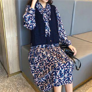 Buttoned Vest / Long-sleeve Floral Print Midi Dress