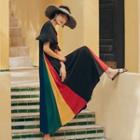 Color Block Short-sleeve Maxi A-line Dress Multicolour Stripes - Black - S