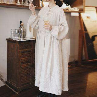 Long-sleeve A-line Midi Dress Beige - One Size