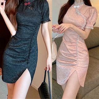 Short-sleeve Ruffled Slit Mini Qipao