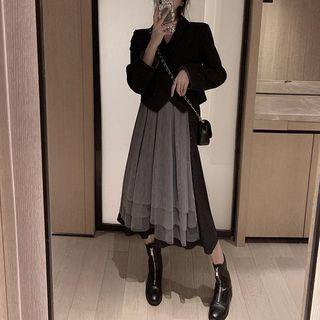 Cropped Blazer / Mesh Panel A-line Midi Dress