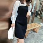 Long-sleeves Mock Two-piece Dotted Panel H-line Dress