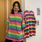 Short-sleeve Rainbow Stripe Round Neck T-shirt