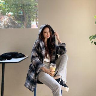 Hooded Plaid Wrap Coat With Sash