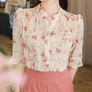 Mandarin-collar Puff-shoulder Floral Chiffon Blouse