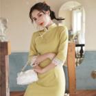 3/4-sleeve Lace Trim Qipao Dress