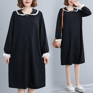 Contrast Trim Collar Midi A-line Dress Black - One Size