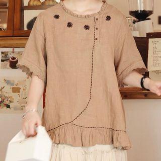 Ruffle Trim Embroidered Blouse Khaki - One Size