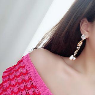 Faux Pearl Rhinestone Leaf Fringed Earring As Shown In Figure - One Size