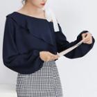 Ruffle Cold Shoulder Chiffon Blouse Navy Blue - One Size