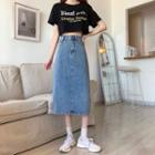 High-waist A-line Split Denim Midi Skirt