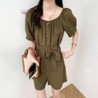 Square-neck Plain Button-up Wide Leg Jumpsuit