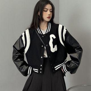 Panel Striped Cropped Baseball Jacket Black - One Size