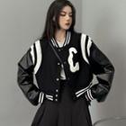 Panel Striped Cropped Baseball Jacket Black - One Size