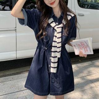 Short-sleeve Denim Romper / Striped Shawl