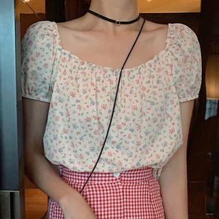 Flower Print Puff-sleeve Blouse Floral - White - One Size