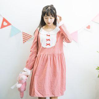 Gingham Bow Collared Long-sleeve Dress