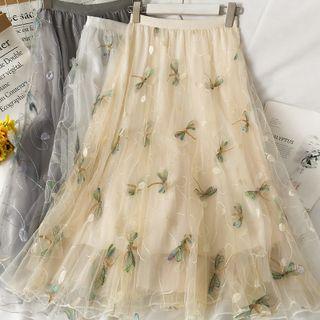 Dragonfly-embroidered Mesh Midi Skirt In 5 Colors