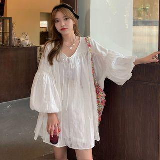 Long-sleeve V-neck Tie-front Mini Shift Dress White - One Size