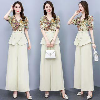 Set: Puff-sleeve Print Top + Wide Leg Pants