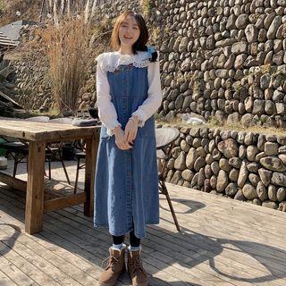Lace Trim Blouse / Denim Midi A-line Dress