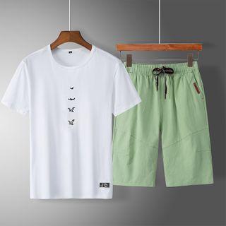 Set: Short-sleeve Bird Print T-shirt + Shorts