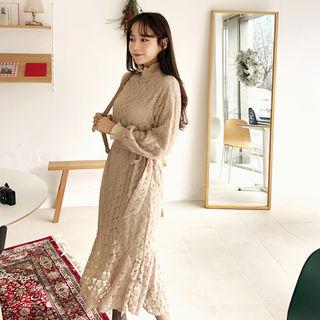 Frill-neck Laced Dress With Sash Beige - One Size