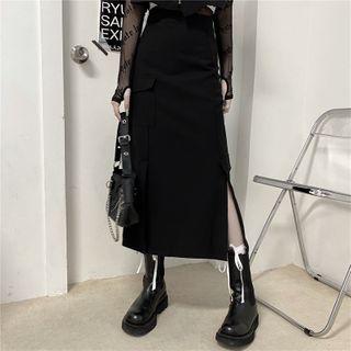 Slit-side Asymmetric Midi Skirt